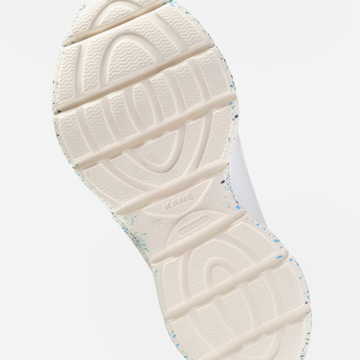KANE Revive OB recovery shoe in white antique white speckle color, bottom view