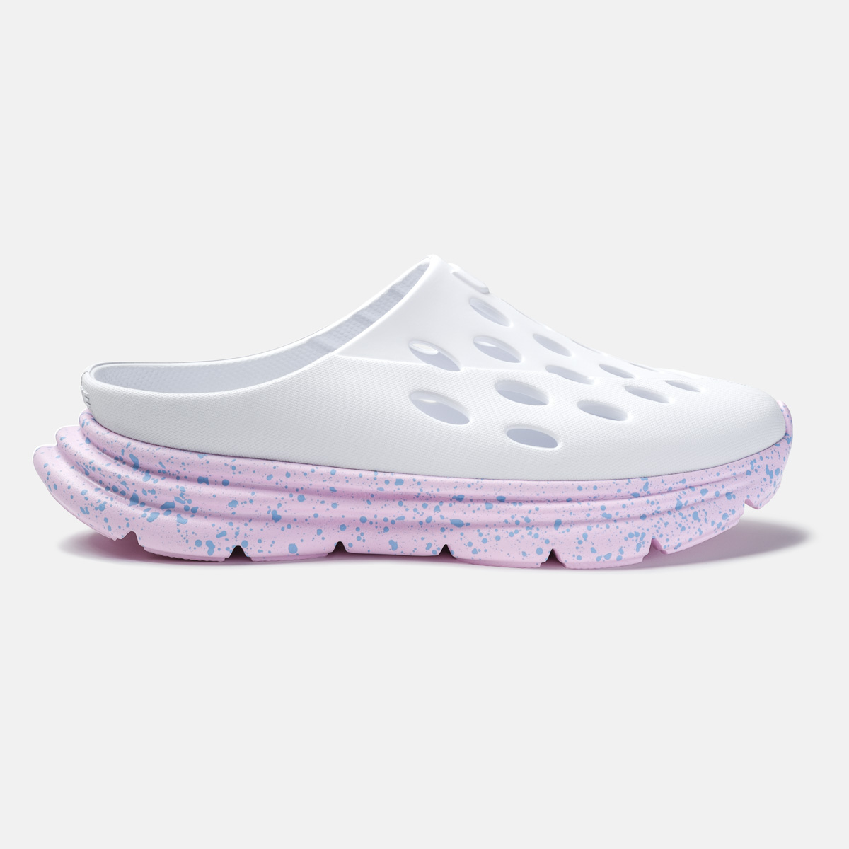 KANE Revive OB recovery shoe in white bubblegum speckle color, profile view