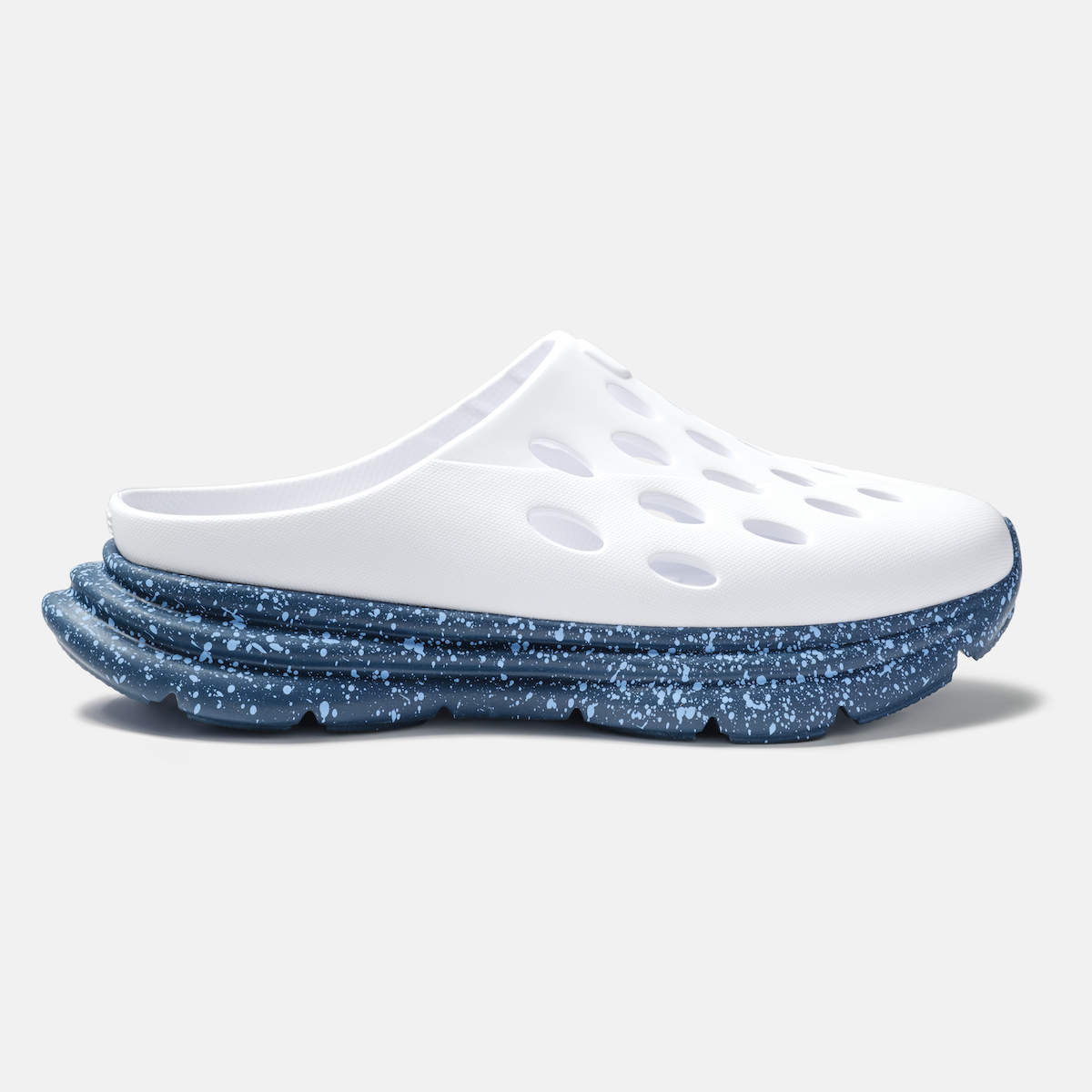 KANE Revive OB recovery shoe in white indigo speckle color, profile view