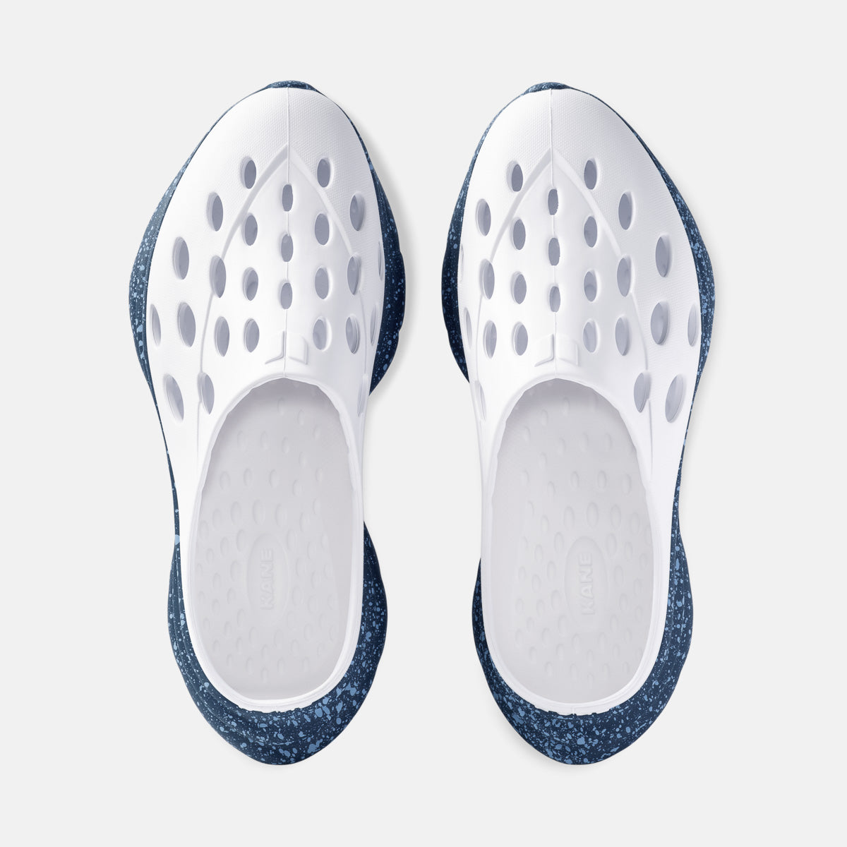 KANE Revive OB recovery shoe in white indigo speckle color, top view