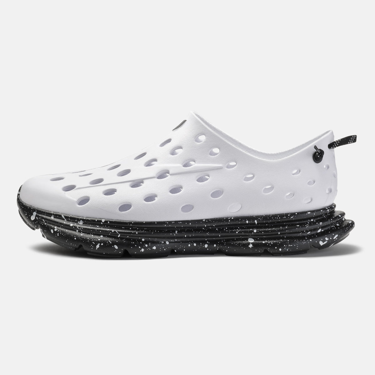 KANE Revive recovery shoe in white / black speckle color, reverse view