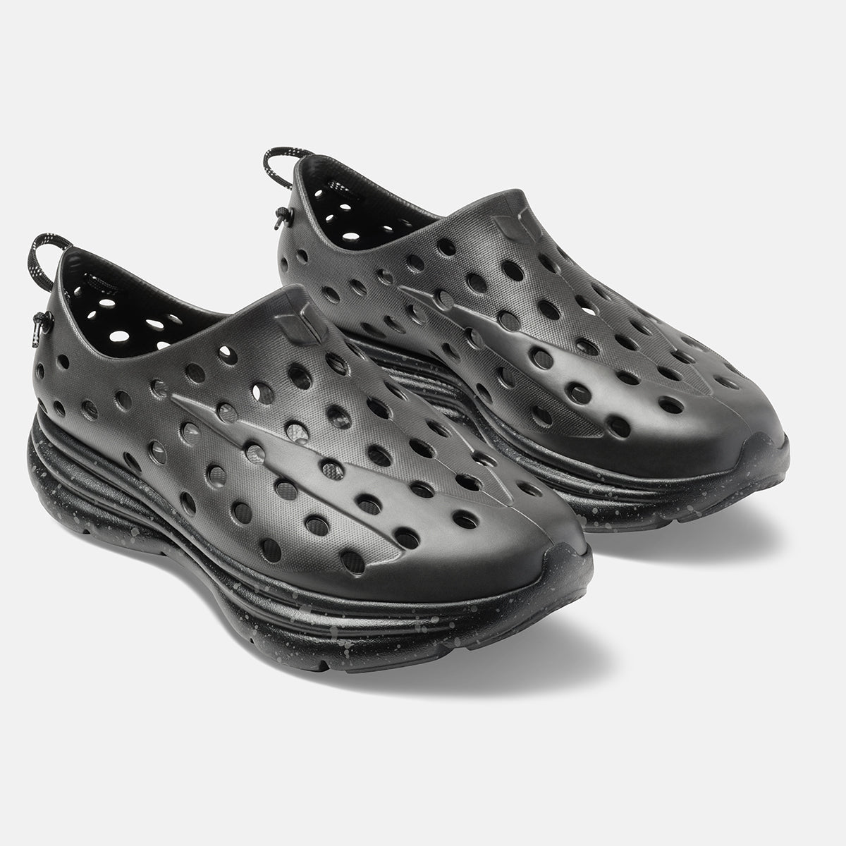 KANE Revive recovery shoe in charcoal / black speckle color, 3/4 view