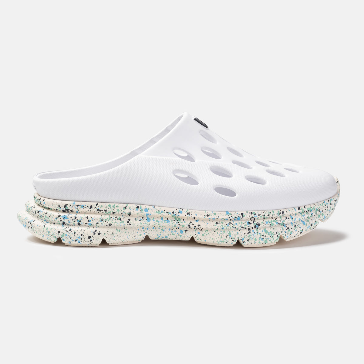 KANE Revive OB recovery shoe in white antique white speckle color, profile view