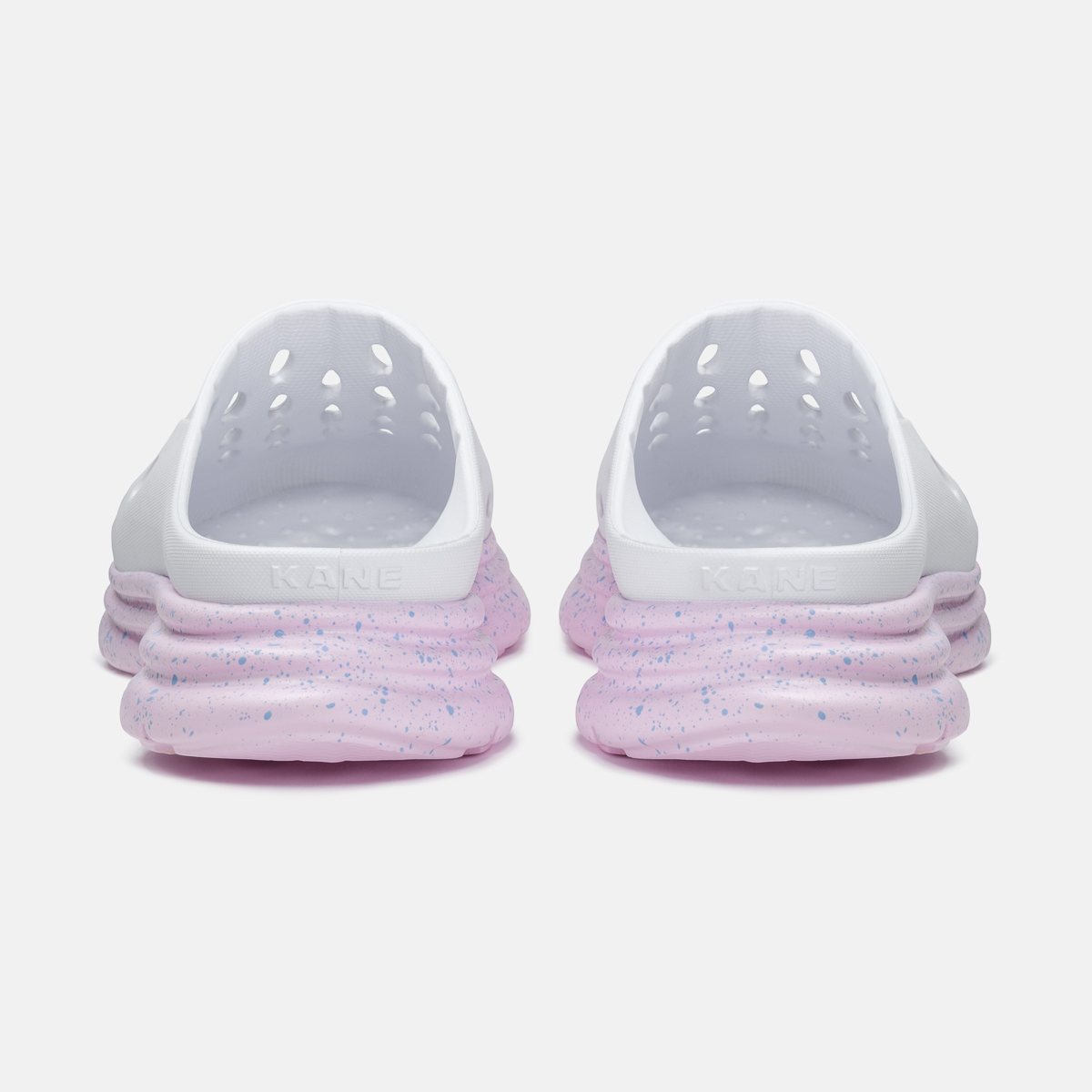 KANE Revive OB recovery shoe in white bubblegum speckle color, back view