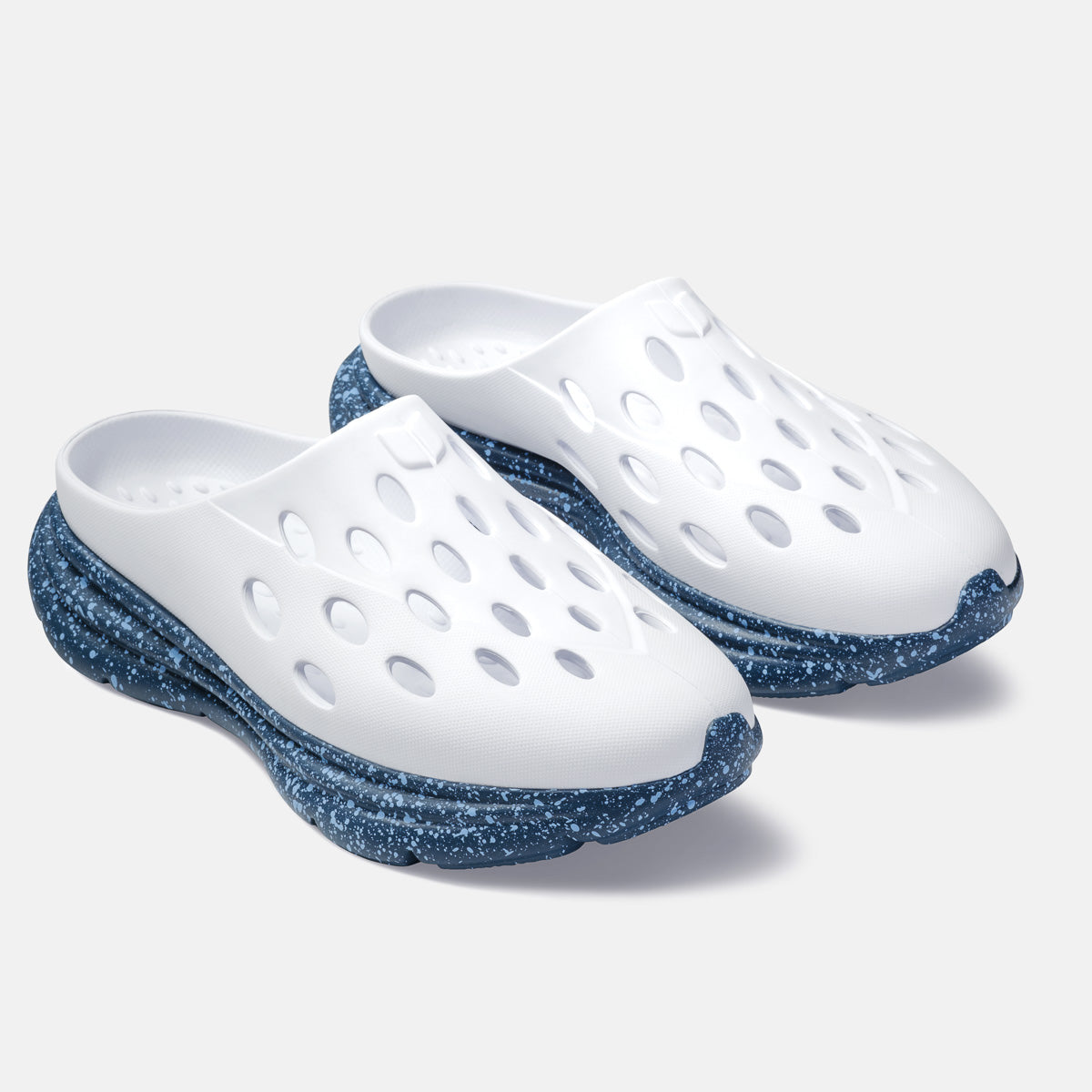 KANE Revive OB recovery shoe in white indigo speckle color, 3/4 view