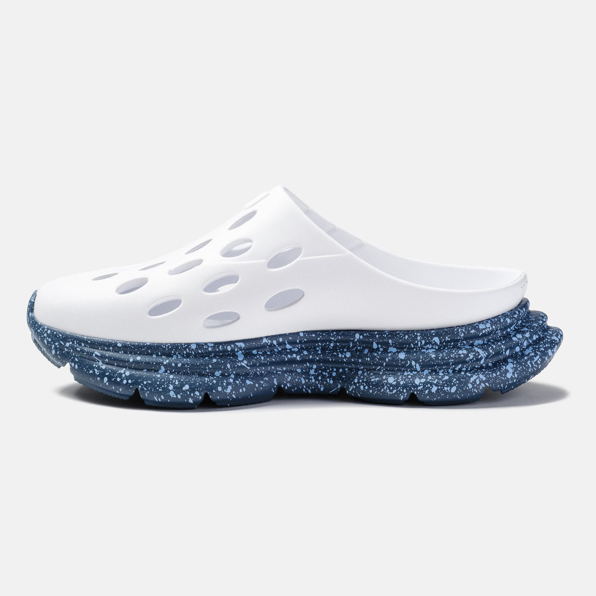 KANE Revive OB recovery shoe in white indigo speckle color, reverse view
