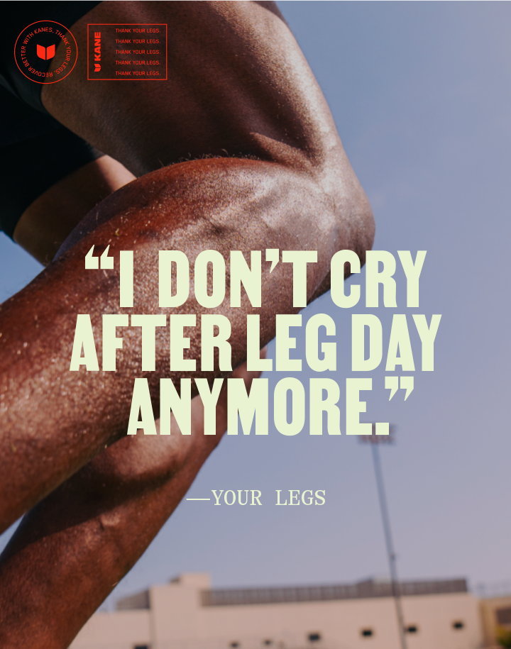 Athlete’s legs posed against a blue sky with the headline I don’t cry after leg day anymore