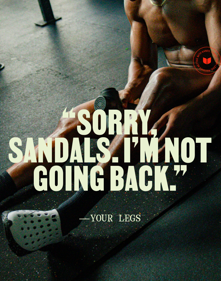 Athlete using a massage gun on their legs with headline Sorry, sandals, I’m not going back